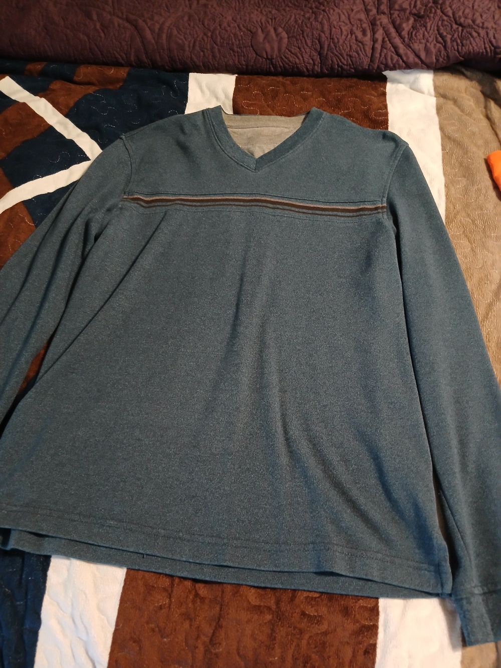 Men's V-Neck Long Sleeve Sweater - Teal with Subtle Stripe